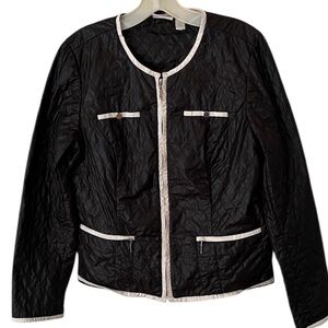 Chico’s Zenergy size 10 black quilted zip front Chanel style jacket , white trim